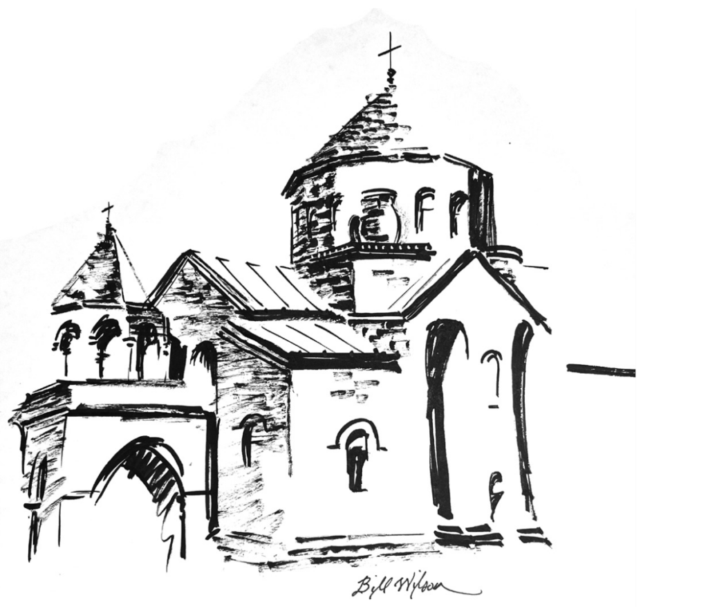 Black and white ink sketch of a domed stone church.
