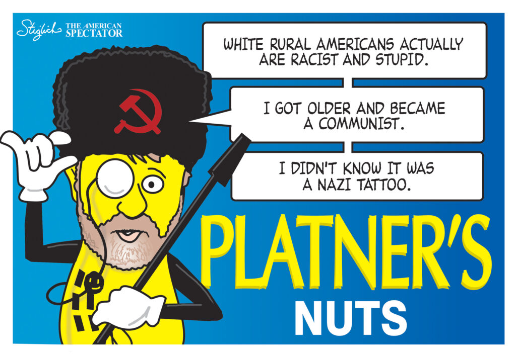Political cartoon with masked figure and speech bubbles
