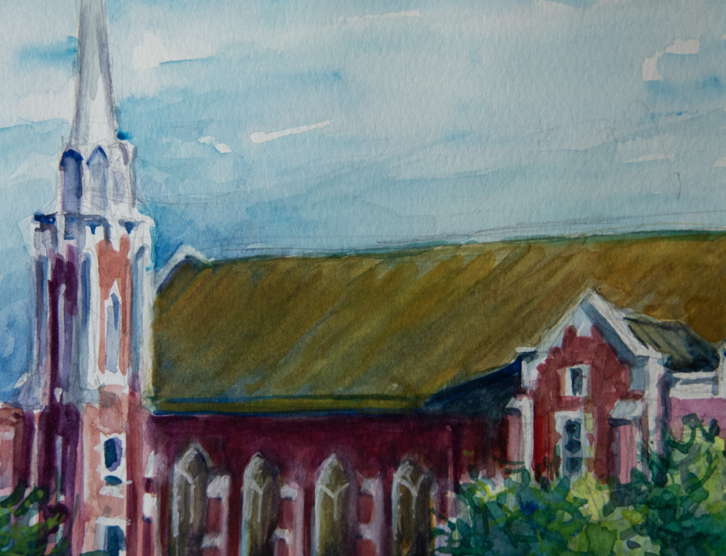 Watercolor painting of a red brick church with a steeple.