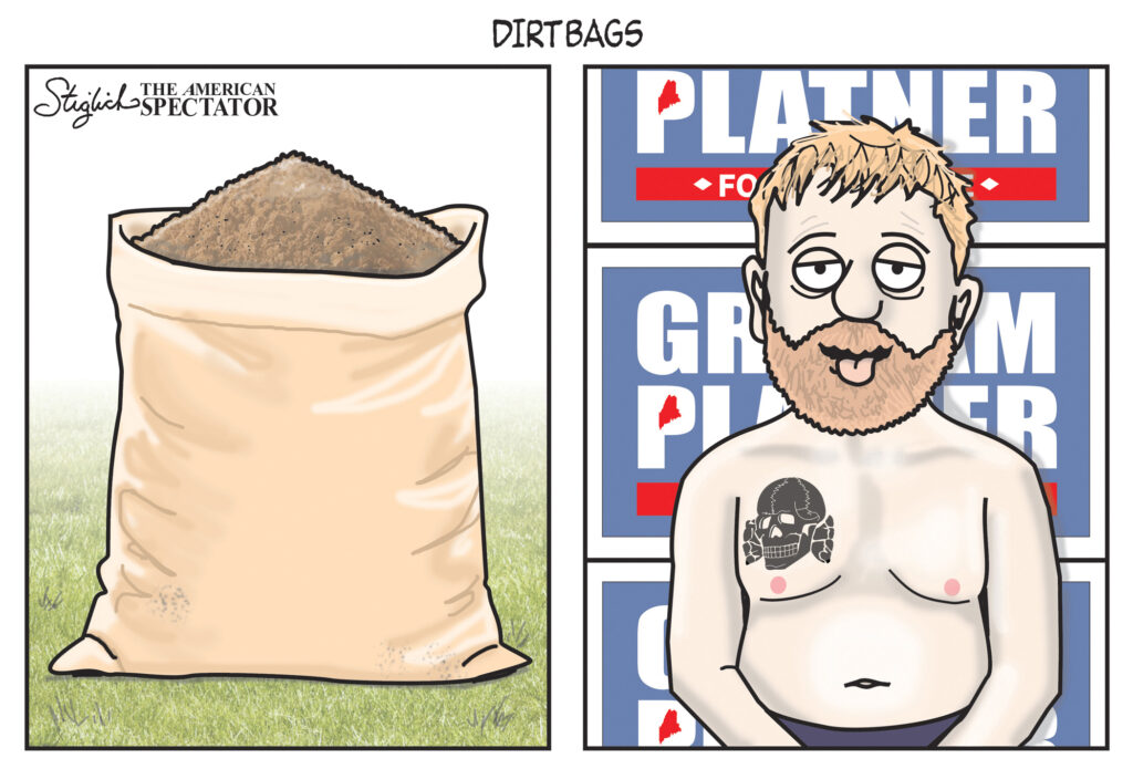 Political cartoon comparing a bag of dirt to Graham Platner.