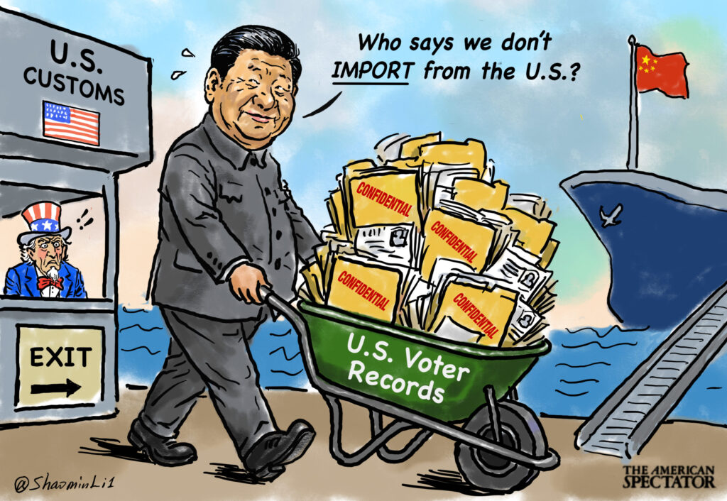 Political cartoon of Xi Jinping wheeling away U.S. voter records.
