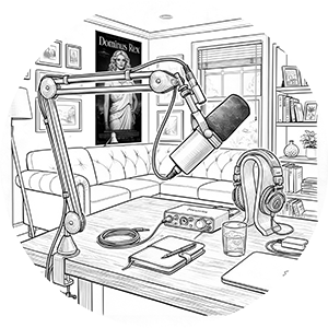 Black and white illustration of a home podcasting studio.
