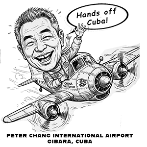 Caricature of Peter Chang flying a 'China Skyflyer' aircraft.