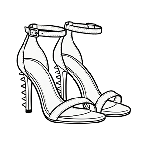 Line drawing of high-heeled sandals with spiked heels.