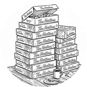 Black and white drawing of stacked Tim Hortons donut boxes.