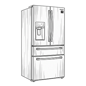 Line drawing of a Samsung four-door French door refrigerator.