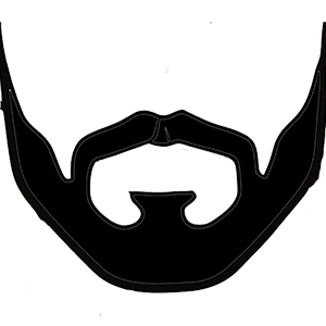 Minimalist black and white graphic of a beard and mustache.