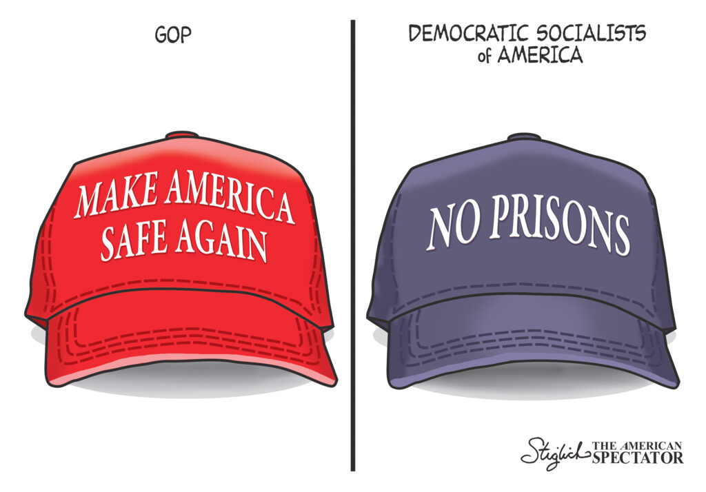 Comparison of red GOP hat and blue Democratic Socialist hat.