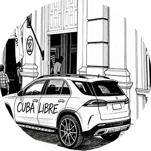 SUV with 'CUBA LIBRE' text in front of building