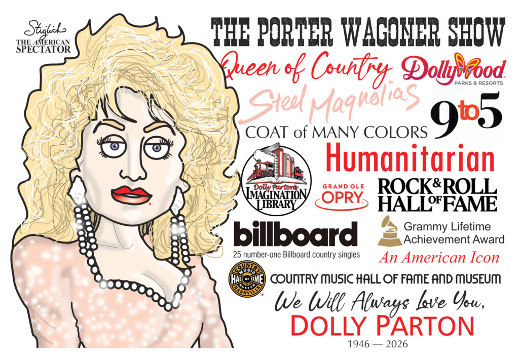 Caricature of Dolly Parton surrounded by various career achievement titles.