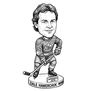 Black and white illustration of a Dale Hawerchuk bobblehead.