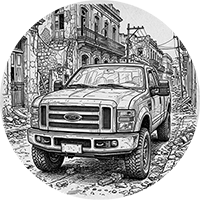 Black and white drawing of a Ford pickup truck.