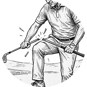 A golfer snapping a golf club over his knee.