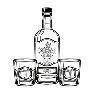 Line art of a rum bottle and two ice-filled glasses.