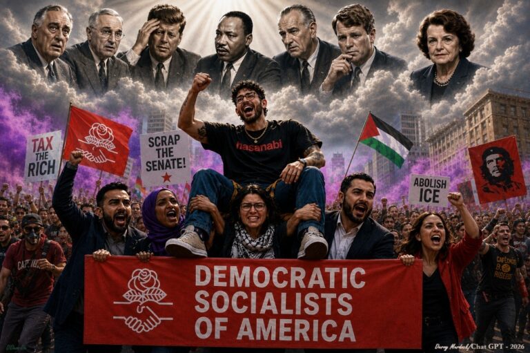 DSA protesters rally beneath historical US political and civil rights leaders.