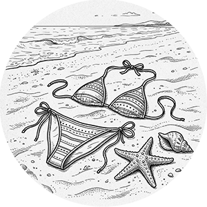 Sketch of a bikini, starfish, and seashell on a beach.