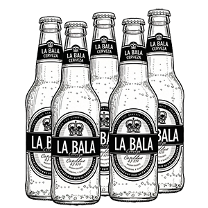 Black and white illustration of five La Bala beer bottles.
