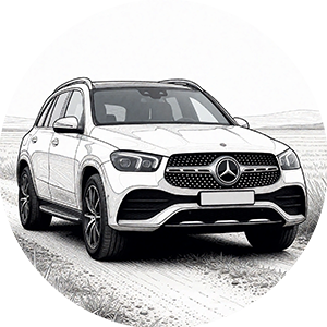 Sketch of a white Mercedes-Benz SUV in a circle.