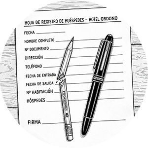 A broken pencil and fountain pen on a hotel form.