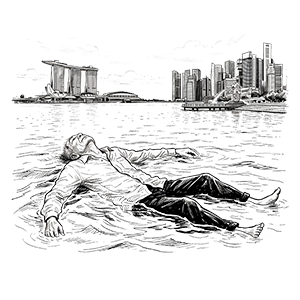Illustration of a man floating in front of Singapore's skyline.
