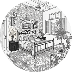 Black and white drawing of a tropical-themed bedroom.