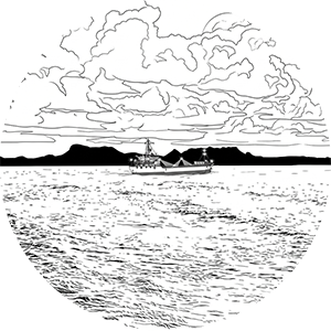 Circular black and white sketch of a ship at sea.