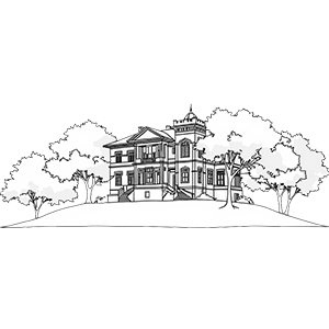 Line drawing of a historic mansion on a hill.