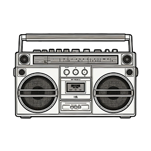 Illustration of a retro silver boombox with dual speakers.