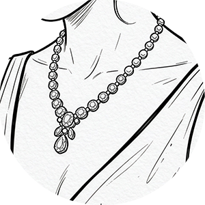 Line drawing of an elegant jeweled necklace on a woman.