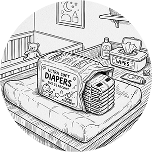 Black and white illustration of diapers on a changing table.