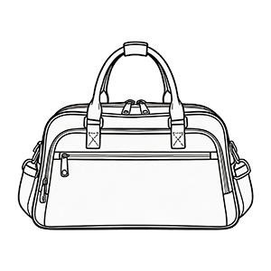 Black and white line drawing of a travel duffel bag.