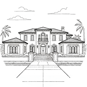 Architectural sketch of a two-story luxury house with palm trees.