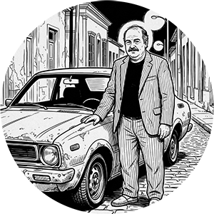 Man in a pinstriped suit standing by a vintage car.
