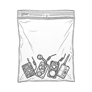 Drawing of small electronic devices in a resealable plastic bag.