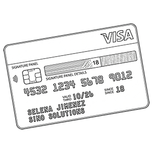 Line drawing of a Visa credit card with sample details.