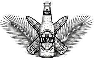 Black and white illustration of La Bala beer and bullets.