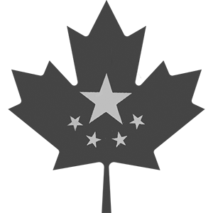 Dark gray maple leaf silhouette with five light gray stars.