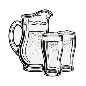 Black and white illustration of a beer pitcher and glasses.