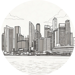 Line art illustration of the Singapore skyline from the waterfront.