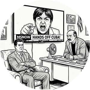 Black and white illustration of men watching a political broadcast.