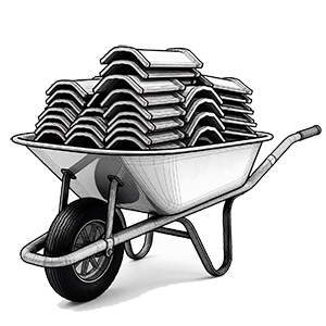 Illustration of a wheelbarrow full of roofing tiles.