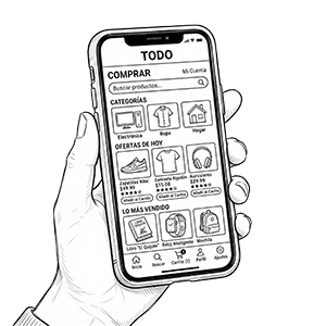 Hand holding a smartphone showing a shopping app interface.