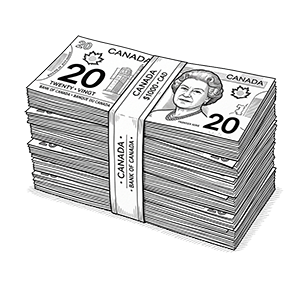 Black and white illustration of a stack of Canadian dollars.