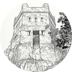 Circular black and white sketch of a weathered stone tower.