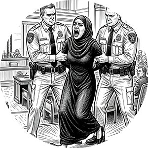 Two police officers escorting a shouting woman in a courtroom.
