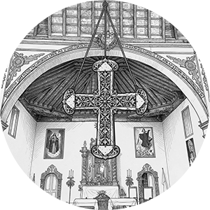 Black and white sketch of a large hanging ornate cross.