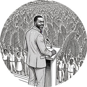 Illustration of a man at a podium before a crowd.