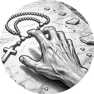 Detailed sketch of an aged hand near a rosary.