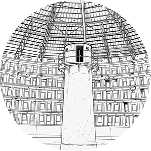 Line drawing of a circular panopticon prison with central tower.