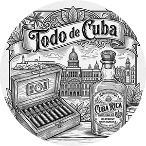 Engraved style circular label featuring Cuban cigars and rum.